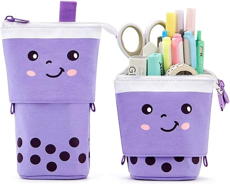 KPX Cute Standing Pencil Case Pen Holder for Kids, Pop Up Stand UP Bubble Tea Pen Organizer Kawaii Stationary for Christmas Holiday New Year Office (Purple) - Image 1